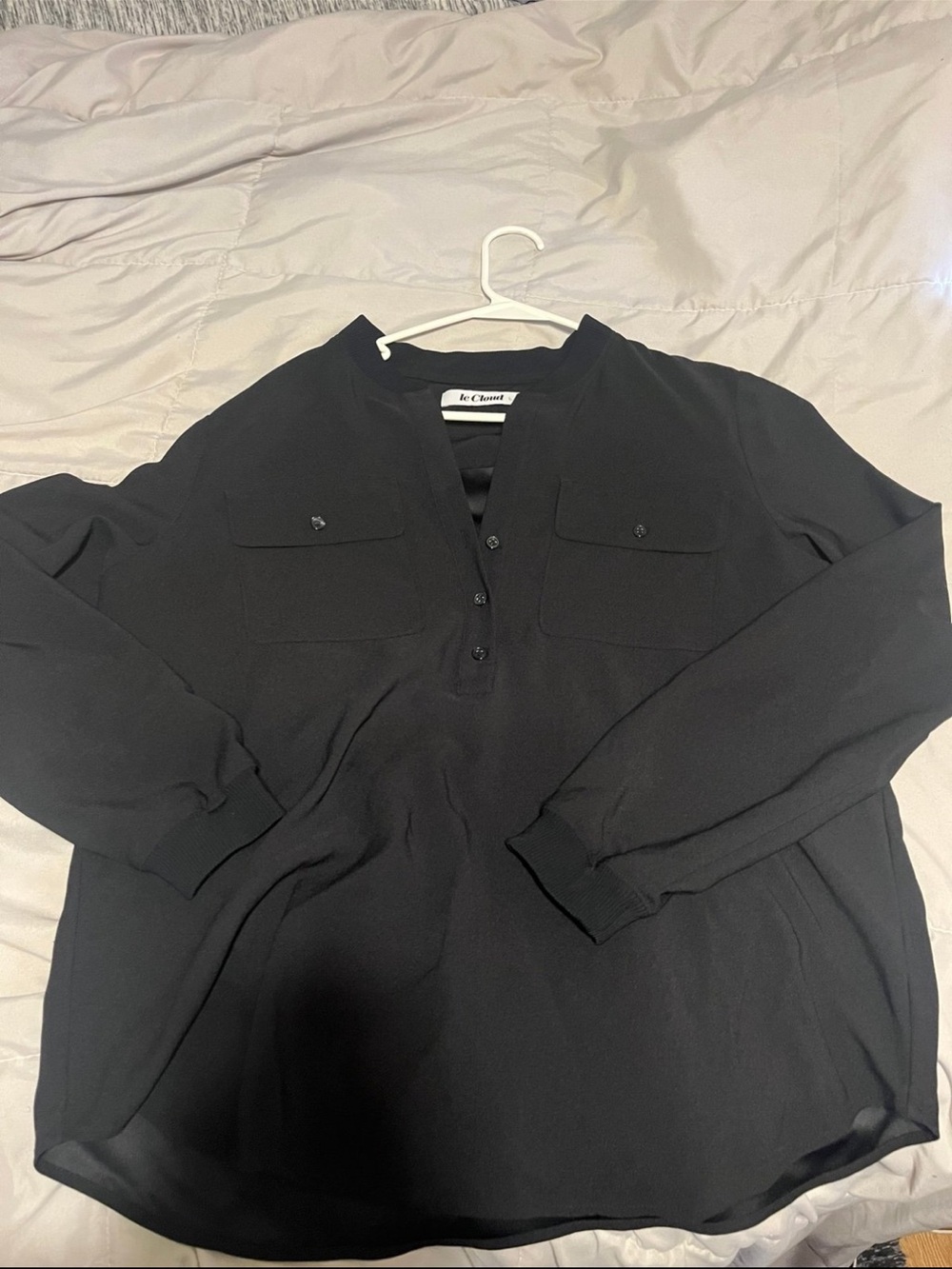 Black Long-Sleeve Henley Blouse